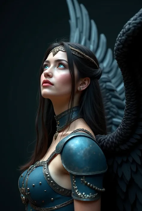 GORGEOUS WINGED VALKYRIE , WARRIOR WOMAN, BUST IMAGE STYLE, STUDIO IMAGE STYLE, BLACK INFINITE BACKGROUND, DIFFUSED LIGHTS ON FACE, BACK LIGHTS ON HAIR, HUGE BLACK WINGS, BLACK FEATHERS, VERY BLACK HAIR, CLOSE FACE SHOT, HUGE LONG HAIR, HUGE STRAIGHT LONG ...