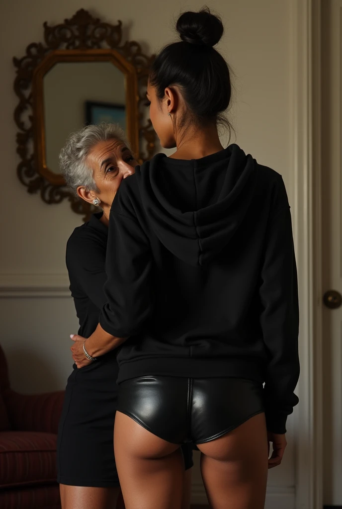 black woman hair in a bun black hoodie black leather short shorts being fucked in the ass by a old grandma in a dress