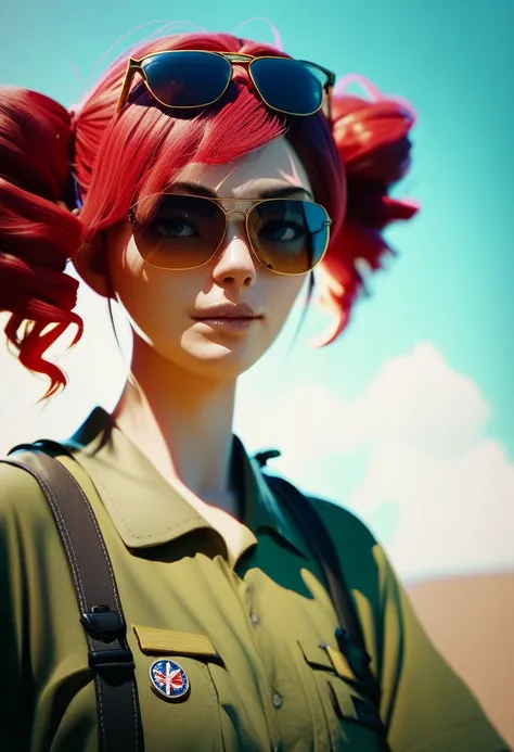 anime art, kasane teto, red hair, tactical millitary outfit, aviator sunglasses