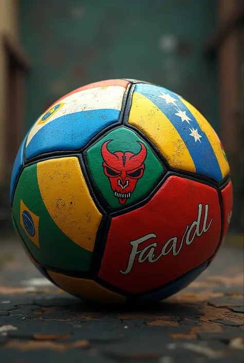 Soccer ball with the flags of Brazil,colombia, argentina,Bolivia,Peru and Venezuela with the insignia of a devil in the middle of the ball