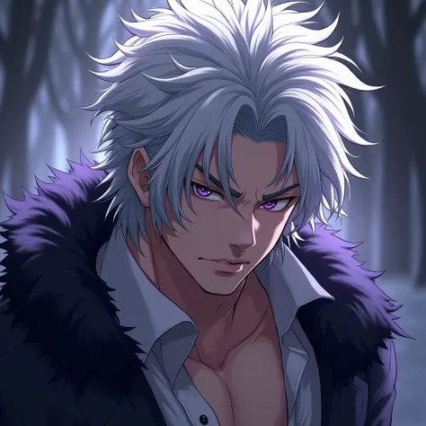 Male, anime, long messy white hair, hot, purple eyes
