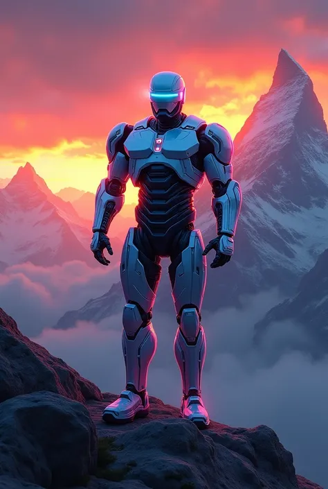 Neon colour robocop in mountain sun set of india  masterpics realistic 