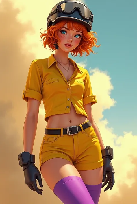 Masterpiece, high quality, happy, 1girl, orange hair, short hair, curly hair, freckles, helmet, bodysuit, yellow shirt, short sleeves, long sleeves, belt, yellow small shorts, purple thighhighs, sexy body, gorgeous body, beautiful, beautiful legs, solo, bi...