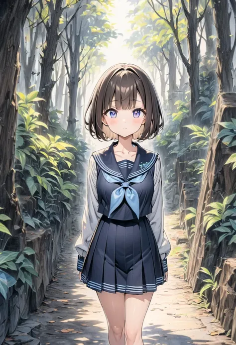 ((style:Colored pencil,pale colour)),(anime)、(masterpiece:1.2),middle ages、Atmospheric perspective,Lens flare、Navy blue sailor suit、girl、cute、Hair color is brown、Her hairstyle is a bob cut with longer sides、in the forest、Light、front