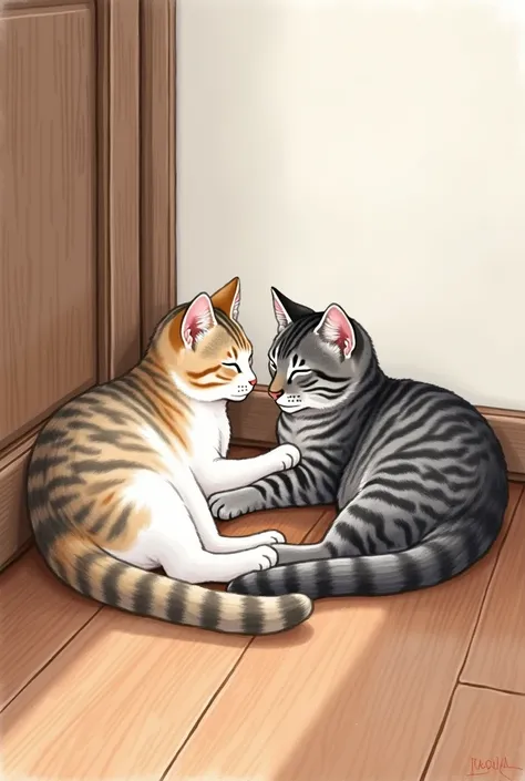 Two cats lying on a wooden floor in a cozy room. The cat on the left has a mix of light and dark fur with a white belly, while the cat on the right has a gray and black striped pattern. Both cats are relaxed, lying on their sides facing each other, near a ...