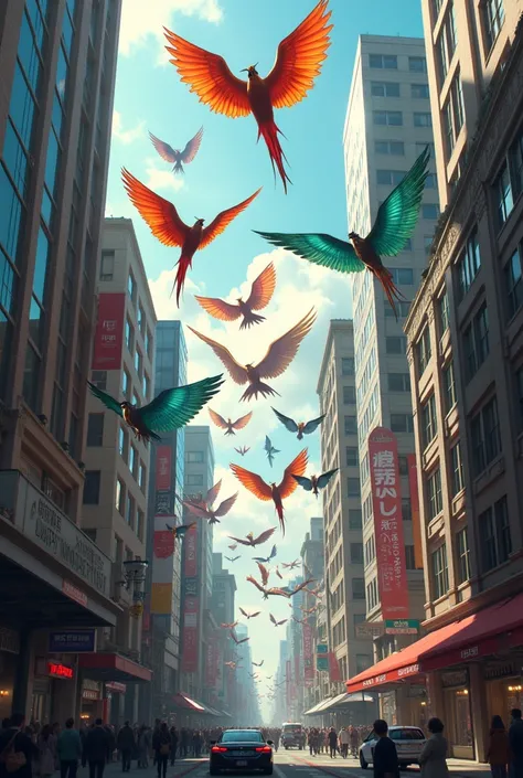 A bunch of wings flying through the city