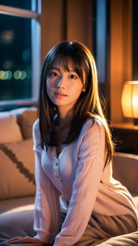 a beautiful young japanese girl relaxing in a living room at night, wearing a non-transparent nightgown, detailed face, (best quality,4k,8k,highres,masterpiece:1.2),ultra-detailed,(realistic,photorealistic,photo-realistic:1.37),HDR,UHD,studio lighting,ultr...