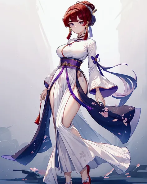 Create Female Ranma, make a girl,Clear contours, Color full-body photo, (beautiful and delicate eyes), (Nice face:1.3), childish face, Short red hair，Configure single ponytail, (Bangs), bumpy Bangs, blue gray eyes, big eyes，plump breasts，(clothes chinese s...