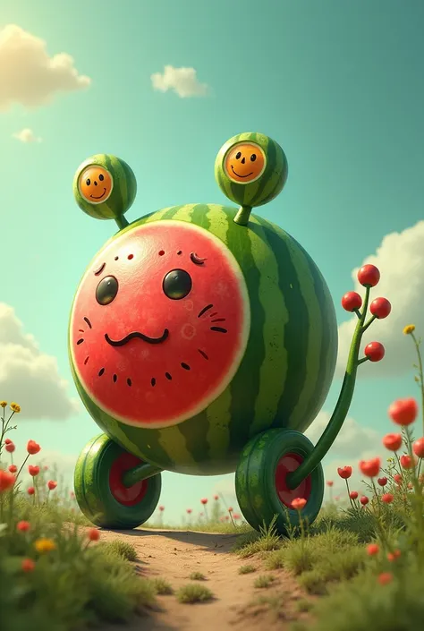 A non-existent being that has a watermelon body, legs made of wheels, and the head is the body of the watermelon, that the head is the body of the watermelon, and have two long sticks on the sides made of watermelon seeds