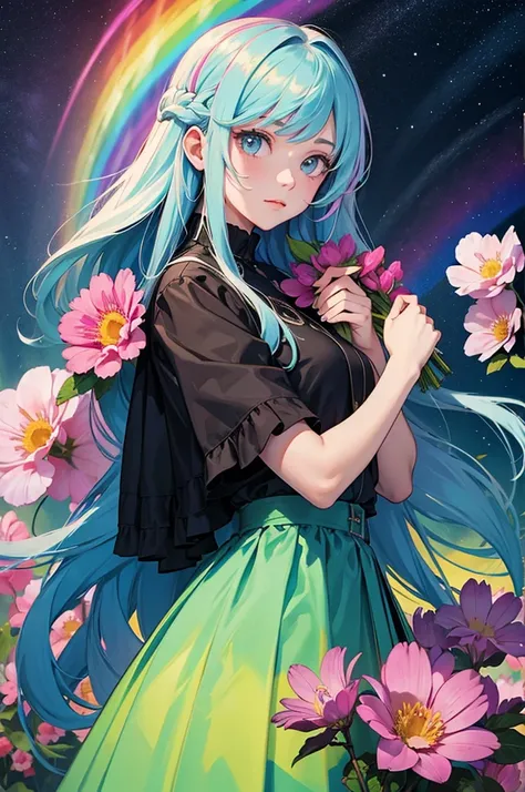 A girl with long rainbow hair, surrounded by big flowers, upper body, Aurora