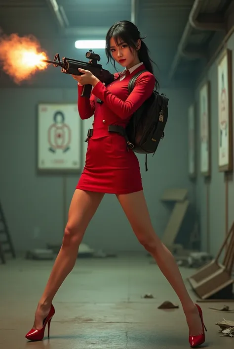 real person realistic beautiful korean flight stewardess red super tight dress mini skirt standing stance legs open spreading arms straighten full portrait holding rifle gun pointing shouting at you front facing hip low waist aiming at you shooting range s...