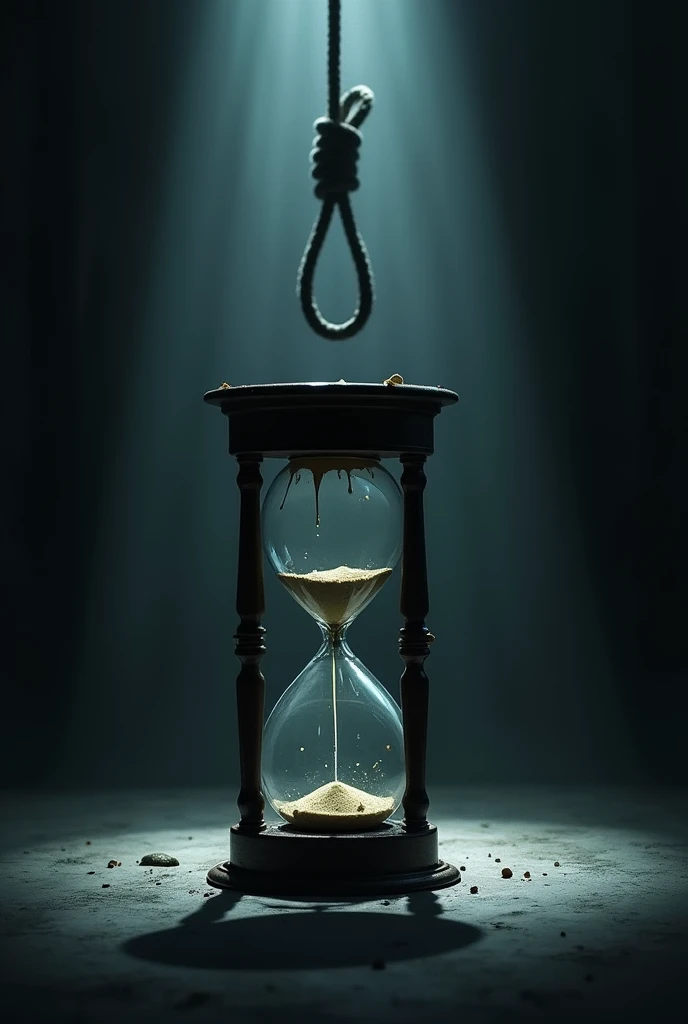 Broken hourglass in a dark room with a suicide rope hanging in the background