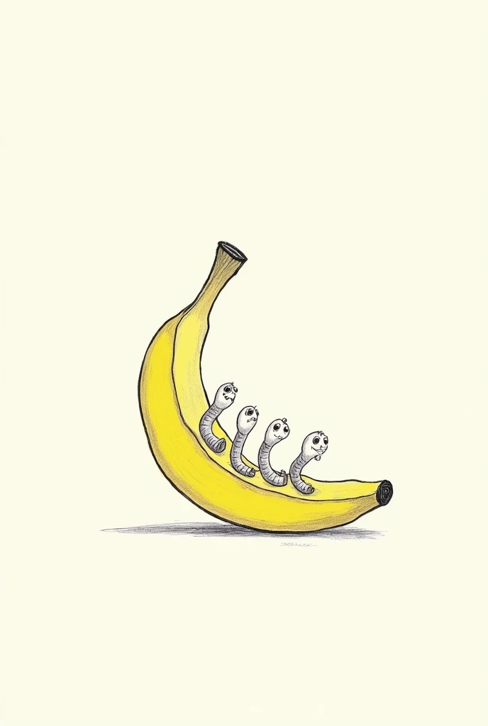  draw me a banana, thats easy to draw, with 5 worms around the inside of it, sketch and pencil 