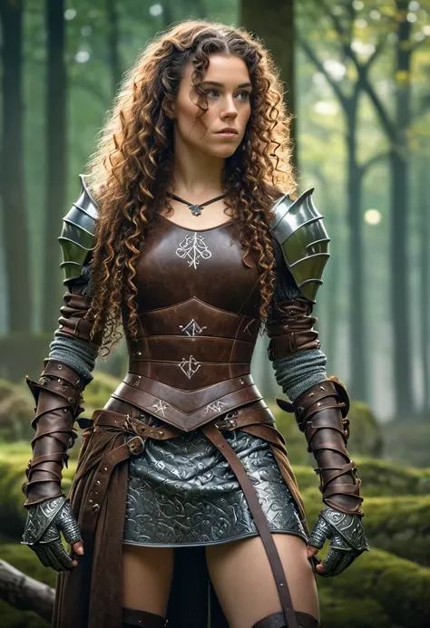 Best Quality, masterpiece, ultra high resolution, strong woman, Long and curly hair, leather armor, medieval clothing, goalkeeper, elaborate bow, mystical runes, magical, detalleed background, forest, extreme detail, 4k,  