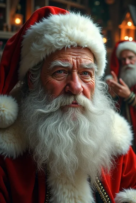 Hyperrealistic photo of Santa Claus, Perfect face details, The beard, facial wrinkles. In the background the elves helping to create toys