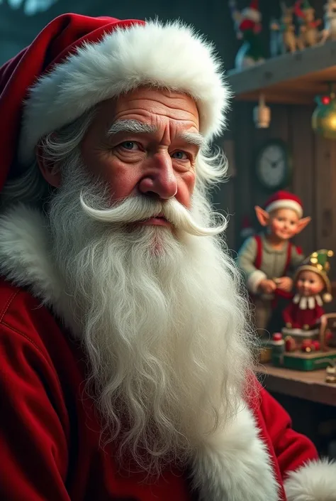 Hyperrealistic photo of Santa Claus, Perfect face details, The beard, facial wrinkles. In the background the elves helping to create toys