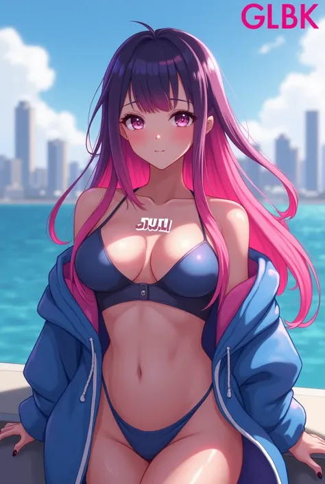 Create anime character;
{background: capital HD text: “GLBK” in right-top, sea}, tanned skin,
realistic, HDR, beautiful, korean style, full body, age 20, hoodie HD text: “JULI”, female, gradient hair pink & blue, long hair, open bra, sexy body