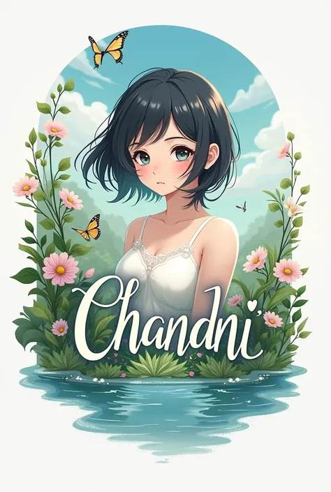 Make a logo of Chandni girl name with anime character background nature with asthetic look 