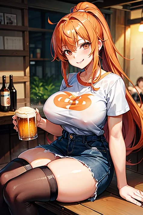 Woman, orange hair, big breasts, t-shirt, thick legs, izakaya, sitting on a chair, beer mug in right hand, smiling, happy, cheerful, innocent, toast, drunk, panty shot