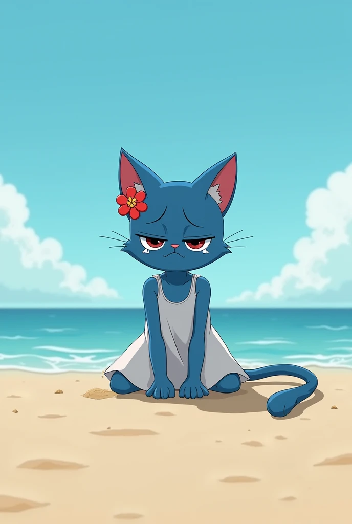 nicole watterson the blue cat from gum all crying in a beach wearing a white dress with a red flower on her ear and sitting on the sandy floor