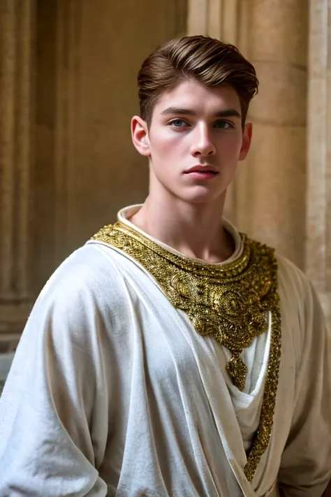 portrait of a handsome young man, roman emperor, red hair, wearing roman emperor clothes, handsome boy, magnanimous, power, rule...