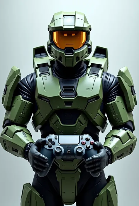 (Create a photo of Halo&#39;s Master Chief holding a video game controller