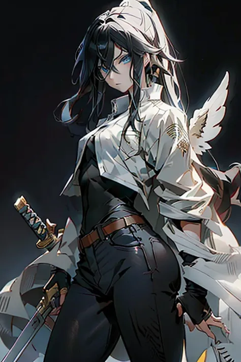 Chico, anime style black hair and eyes, wearing a black shirt with a white jacket, jeans negros, with a sword in his right hand next to a girl, animated style, golden hair blue eyes, White wings, wearing white armor with gold details, standing in a desert 