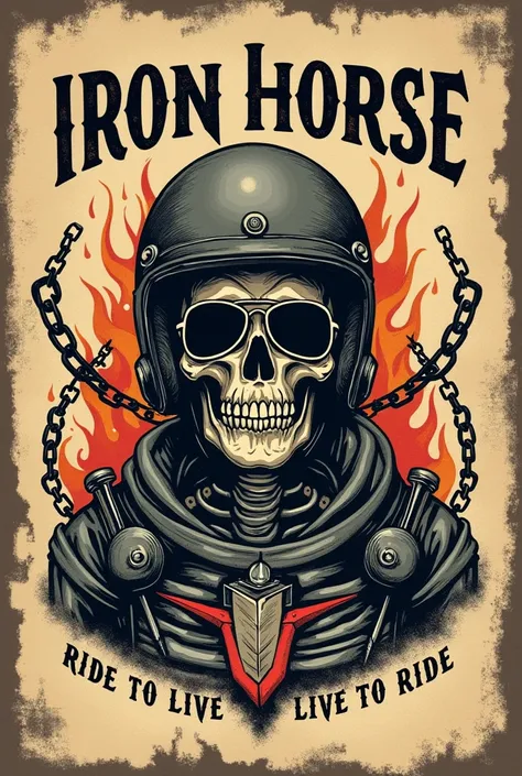 Vintage torn symbol with drawn skeleton in helmet wearing sunglasses written "IRON HORSE" and written tracks "Ride to Live, Live to Ride" the theme reminds speed and freedom with several chains and fire