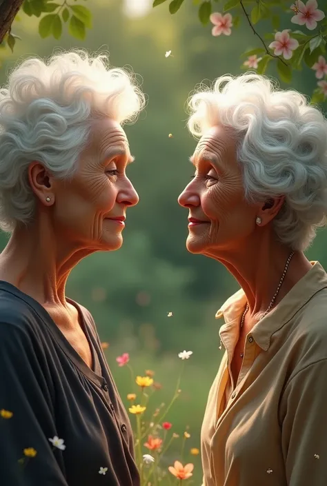 2 old women that has white curly hair and fair skin and white wavy hair with brown skin