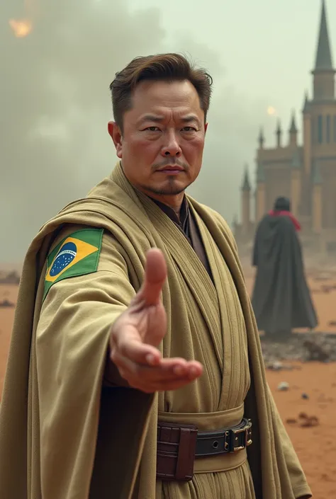 Image with Elon Musk&#39;s Star Wars Obi outfit with Brazil patch raising Voldemort in battle