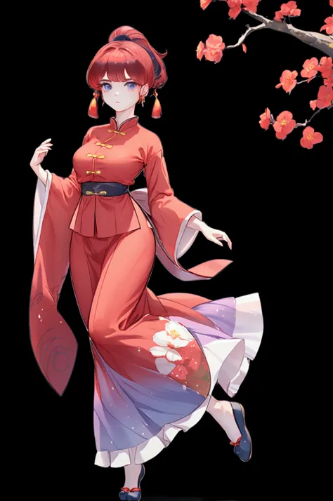 Create Female Ranma, make a girl,Clear contours, Color full-body photo, (beautiful and delicate eyes), (Nice face:1.3), childish face, Short red hair，Configure single ponytail, (Bangs), bumpy Bangs, blue gray eyes, big eyes，plump breasts，(clothes chinese s...