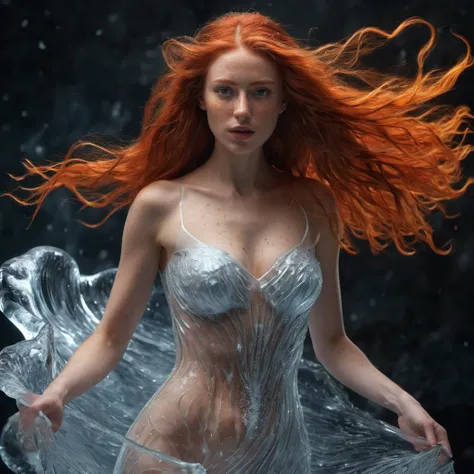 Fantasy Art, realist, Beautiful model presenting a dress made of ice and fire., (Best Quality, 4k, 8k, high resolution, masterpiece: 1.2), ultra detailed, (realist, fotorrealist, fotorrealist: 1.37), Hiperrealist, extremely detailed,  will radiate an unrea...