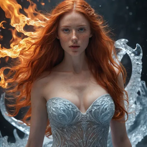 Fantasy Art, realist, Beautiful model presenting a dress made of ice and fire., (Best Quality, 4k, 8k, high resolution, masterpiece: 1.2), ultra detailed, (realist, fotorrealist, fotorrealist: 1.37), Hiperrealist, extremely detailed,  will radiate an unrea...