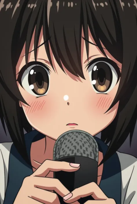 Close-up of Miyu&#39;s face as she adjusts the microphone. His expression shows concentration and a touch of nervousness.. The background is blurred, but you can see some members of the music club organizing sheet music and storing instruments.