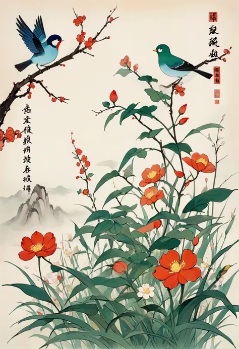 modern art abstract painting：polka dot art，birds perched on flowers,grass， author gai qi, author：gao cen, wu guanzhong, author：w...