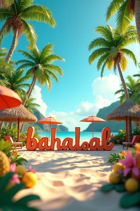  3D render of a tropical paradise with the text "Bhat Bilal" written in a playful, island-inspired font on thebeach. There are huts and chairs with beach umbrellas. There are palm trees swaying in the breeze, exotic fruits like pineapples and bananas, and ...