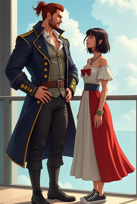 Drawing in the hyperrealistic genre. Jack Aubrey, Tall and strong captain, wide shoulders, Powerful muscles, in the uniform of a 19th century naval captain, rubio, her hair is tied in a ponytail, The hair curls at the ends., age 38 years, clean shaven face...