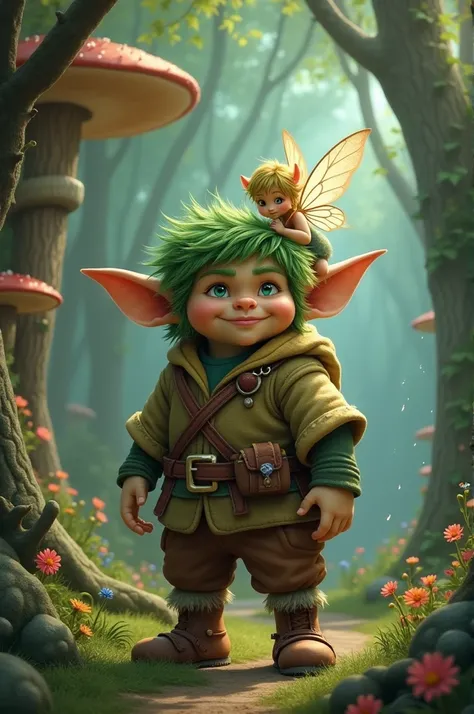 A child troll walks with a mini fairy on his shoulder 