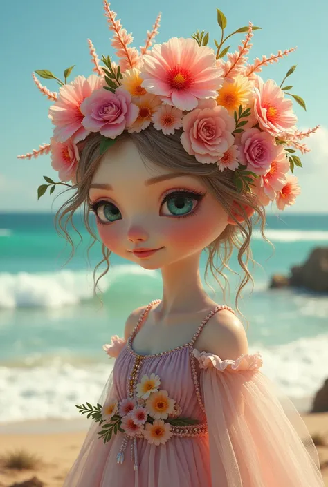 a short,  female monster with a beachy style and her long hair is made of flowers and her clothes are also made of flowers.
SHE IS A TENDER WOMAN MONSTER WITH ALL HER HAIR MADE OF FLOWERS ONLY OF FLOWERS