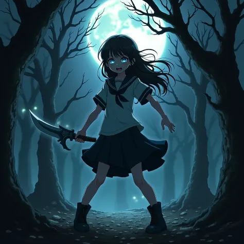 An anime girl with a frightening and aggressive expression, wearing a torn school uniform, stands in a dark and foggy forest environment. In the background, twisted trees with bare branches and fallen leaves cover the ground. A full moon illuminates the sc...