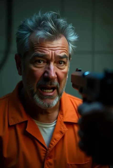 Create an image of a man in orange prison garb with a gun pointed at his face and a fearful expression 