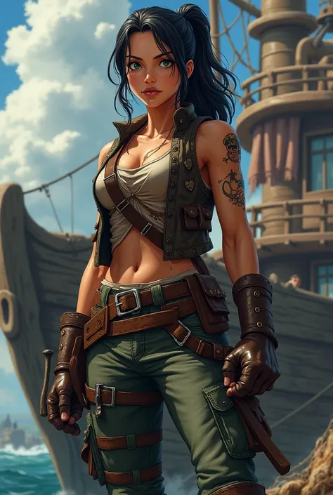 pirate outfit based on the anime One Piece for a carpenter, she takes care of the ship&#39;s repairs. Do this whole body. I want something more intimidating. I want something that commands respect, less cuteness and more fear.