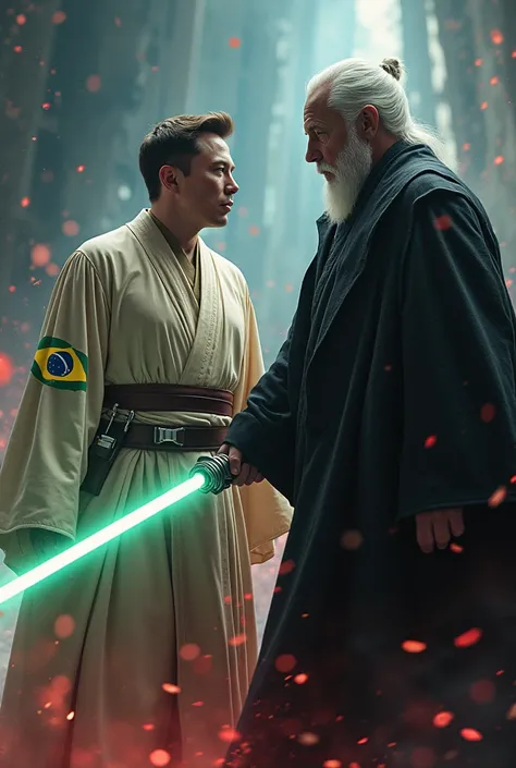 Image of Elon Musk wearing a Star Wars Obi outfit with a Brazilian patch destroying Voldemort in a battle