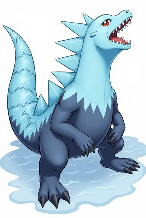 
"Design the final evolution of a Water-type Pokémon/Ice inspired by an iguana. This stage should feature a big and powerful Pokémon., with sharp ice scales protruding along its back and tail. Your body should be muscular and robust., with a design that co...