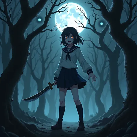 An anime girl with a frightening and aggressive expression, wearing a torn school uniform, stands in a dark and foggy forest environment. In the background, twisted trees with bare branches and fallen leaves cover the ground. A full moon illuminates the sc...