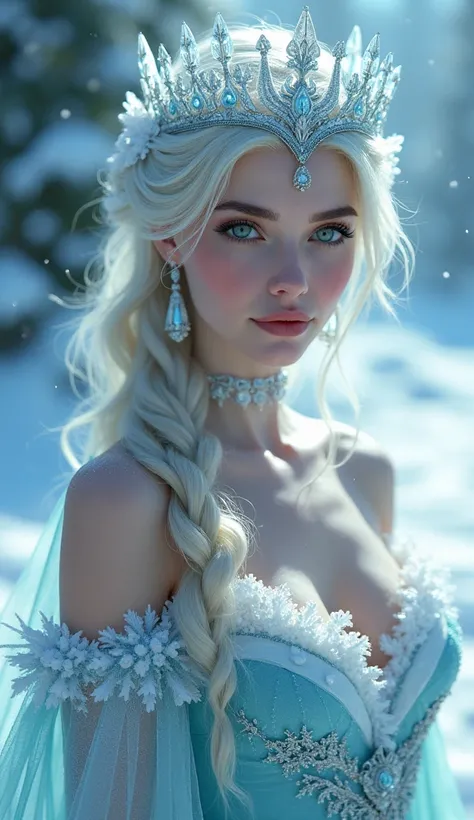 (best quality,4k,8k,highres,masterpiece:1.2),ultra-detailed,(realistic,photorealistic,photo-realistic:1.37),snow queen,beautiful detailed eyes,beautiful detailed lips,extremely detailed eyes and face,long eyelashes,snow-covered palace,winter wonderland,cro...