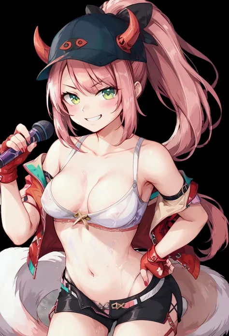 1 girl, fingerless gloves, gloves, green eyes, black baseball cap with fake horns, red horns, jacket, looks at the viewer, pink hair, Theres one long ponytail cut in the back, short haircut in the front, red nails, solo, chest, a white top that covers the ...