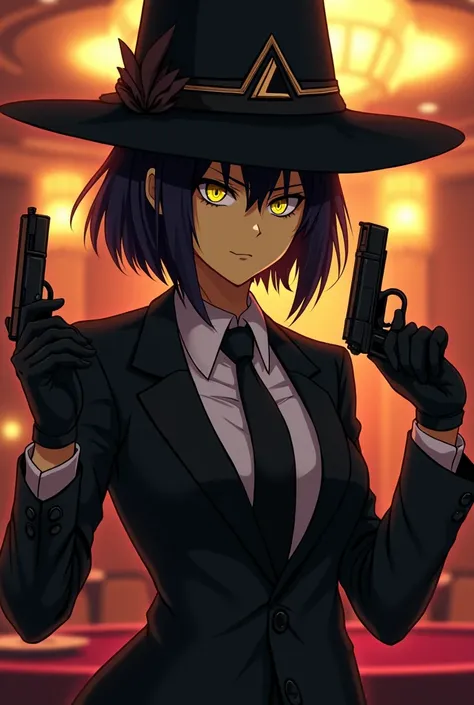 Yellow skinned girl, with one eye in the shape of a triangle and completely black and his other eye yellow and psychopathic, with black magician hat, a sexy black suit, black hair bob, black gloves in a casino, that brings a bow, and brings a gun. and anim...