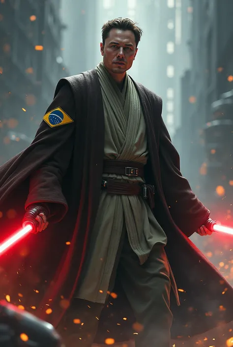 Image of Elon Musk wearing a Star Wars Obi outfit with a Brazilian patch destroying Voldemort in a battle