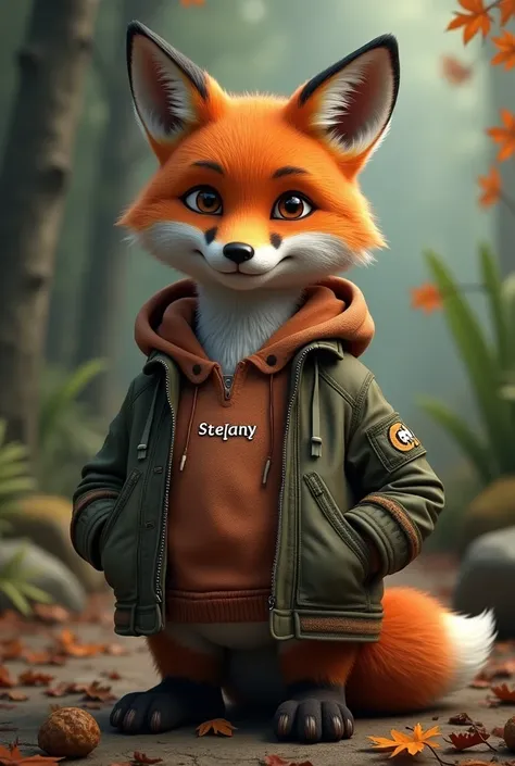 Realistic fox wearing clothes with Stefany printed on it